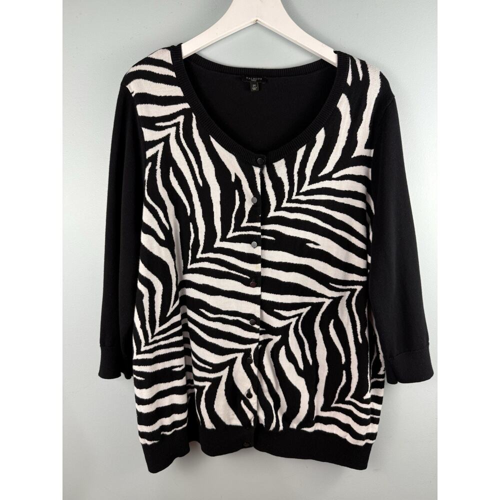 Talbots Cardigan Womens 2X‎ Black White Zebra Print Button Front 3/4 Sleeve Knit